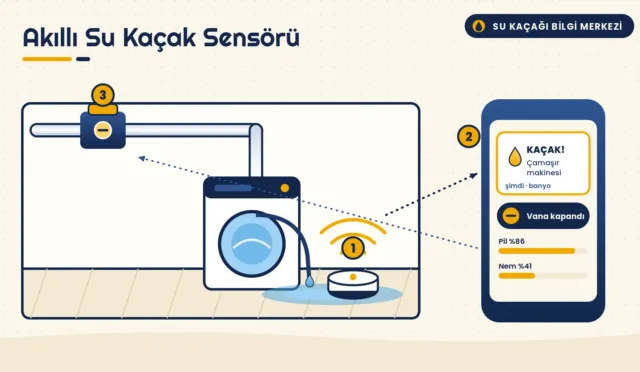 Çamaşır makinesi altındaki su birikintisini algılayan akıllı sensör, telefona giden kaçak uyarısı ve kapanan motorlu vana