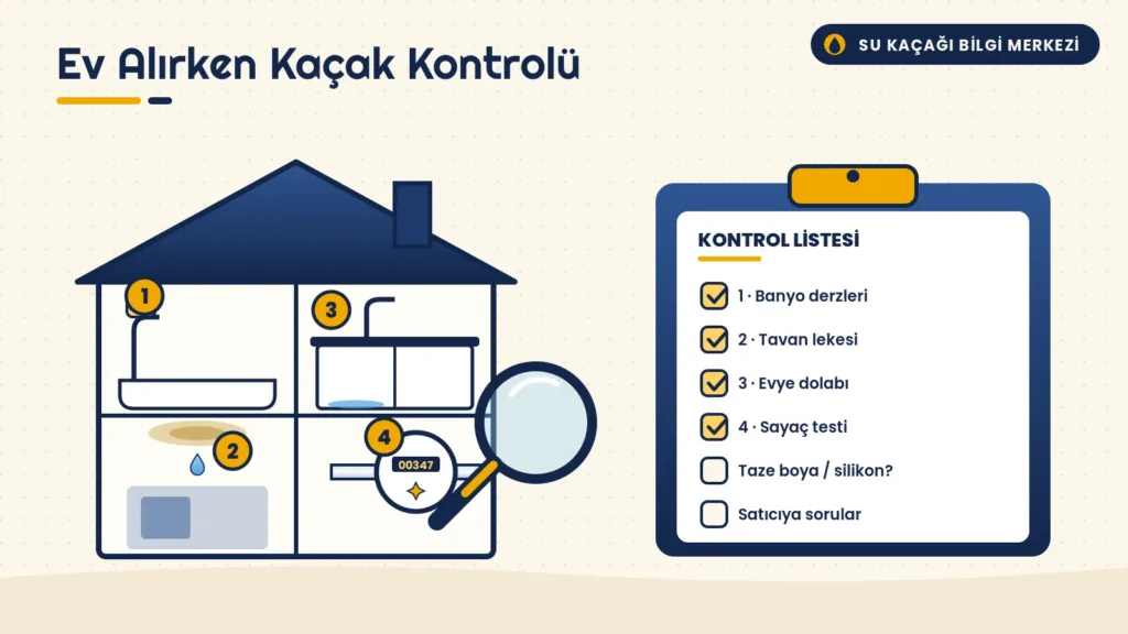 Ev kesitinde banyo, tavan lekesi, evye dolabı ve su sayacı üzerinde numaralı kontrol noktaları ile yanında kontrol listesi