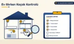Ev kesitinde banyo, tavan lekesi, evye dolabı ve su sayacı üzerinde numaralı kontrol noktaları ile yanında kontrol listesi