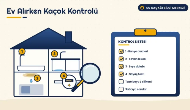 Ev kesitinde banyo, tavan lekesi, evye dolabı ve su sayacı üzerinde numaralı kontrol noktaları ile yanında kontrol listesi