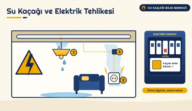 Tavandaki boru kaçağından avizeye damlayan su, nemli duvardaki priz ve sigortası kapatılmış elektrik panosu