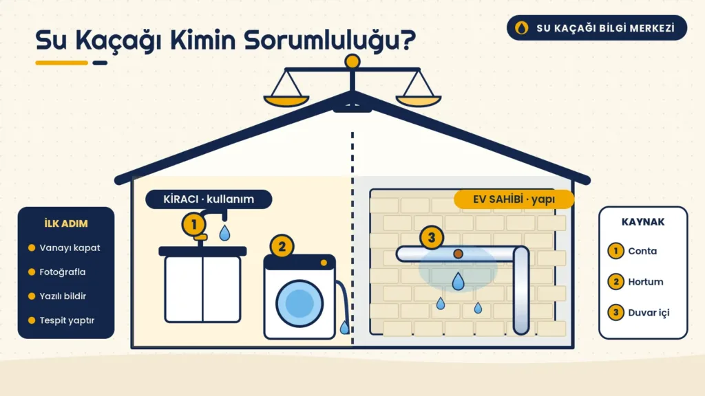Ev kesitinde kiracının kullandığı musluk ve makine ile ev sahibine ait duvar içi borudaki su kaçağını gösteren infografik