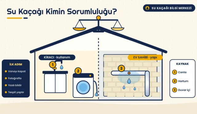 Ev kesitinde kiracının kullandığı musluk ve makine ile ev sahibine ait duvar içi borudaki su kaçağını gösteren infografik