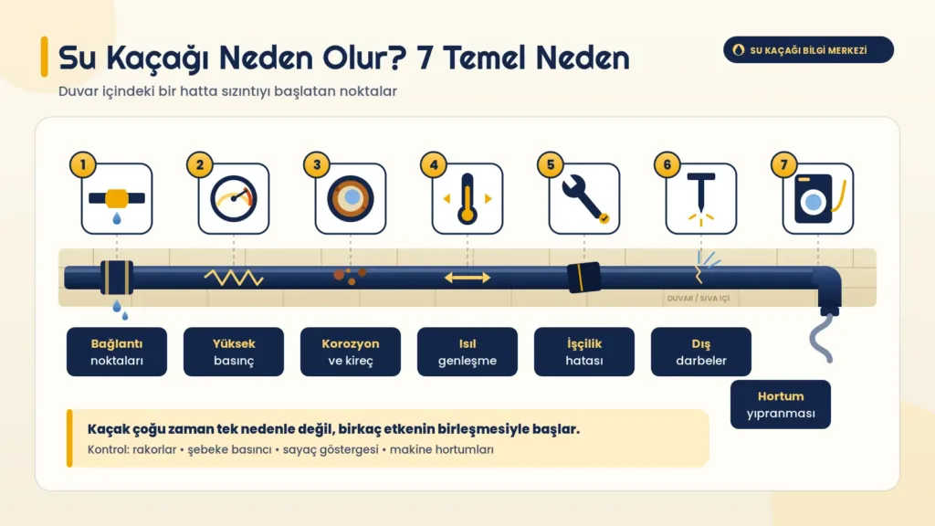 Su kaçağı neden olur sorusunu duvar içindeki boru hattı üzerinde 7 numaralı nedenle anlatan infografik
