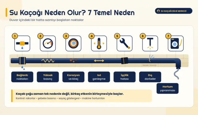 Su kaçağı neden olur sorusunu duvar içindeki boru hattı üzerinde 7 numaralı nedenle anlatan infografik