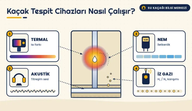Duvar içindeki kaçak borusunu termal, akustik, nem ve iz gazı cihazlarının nasıl algıladığını gösteren dört kartlı infografik